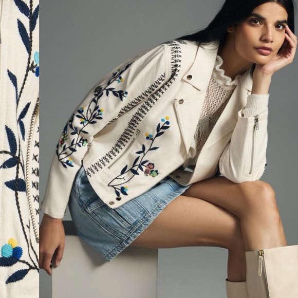 Anthropologie Cream Floral Embroidered Jacket - Picture 3 of 10